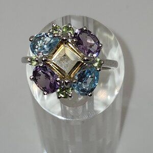.925 Sterling Silver Citrine/Garnet/Peridot/Topaz Floral Ring Sz 8.75 Value $695